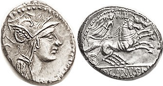 D. Junius Silanus, 91 BC, Den., Cr.337/3, Sy.646, Roma head r/Victory in biga r;...