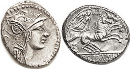 D. Junius Silanus, 91 BC, Den., Cr.337/3, Sy.646, Roma head r/Victory in biga r; EF, nrly centered on oval flan, better struck than usual for this; go...