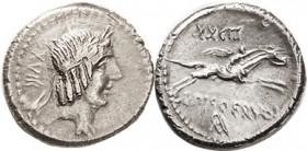 L. Calpurnius Piso Frugi, 90 BC, Den, Cr.340/1, Sy.660; Apollo head, number left/ horseman r, number above, RA monogram below; VF, nrly centered, sl c...