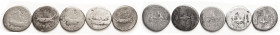 IMPERATORIAL. MARK ANTONY , Legionary Denarii, Galley/Eagle betw standards, LOT of 5 coins: Legion V number fairly clear; VII & XI less so, doubtful; ...