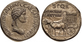 AGRIPPINA SENIOR , Sest, Bust r/SPQR MEMORIAE AGRIPPINAE, Carpentum left drawn by 2 mules, RIC 55; Extremely Fine , well centered, medium brown, field...
