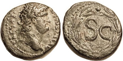 NERO , Antioch, Æ20x22, Bust r/SC in wreath; VF, sl off-ctr, dark green patina, ...