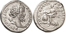 SEPTIMIUS SEVERUS , Den, PM TRP VIII COS II PP, Victory adv l, with big shield; EF, rev sl off-ctr, lgnds complete, bright silver . (An EF realized $3...