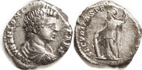 CARACALLA , AS CAESAR, Den, SECVRITAS PERPETVA, Soldierlike Securitas stg l; VF/F+, sl off-ctr, partial lgnds as usual for these, good metal with tone...