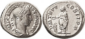 SEVERUS ALEXANDER , Den, PM TRP V COS II PP, Ruler sacrificing l; Virtually mint state, well centered on a sl squared flan, minor obv lgnd crudeness, ...