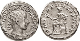 GORDIAN III , Ant, PM TRP IIII COS II PP, Apollo std l, VF, centered, reasonably well struck, good metal, minor flan crack, strong portrait detail. (A...