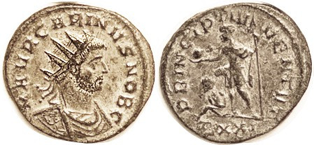 CARINUS , As Caes, Ant, PRINCIPI IVVENTVT, Carinus stg l, with captive, TXXI; AE...