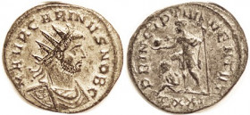 CARINUS , As Caes, Ant, PRINCIPI IVVENTVT, Carinus stg l, with captive, TXXI; AEF, centered, reasonably well struck, greyish-greenish tone with much s...