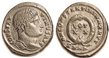 CONSTANTINE I , Æ3, Bust rt with raised gaze /VOT XX in wreath, lgnd arounds, SM...