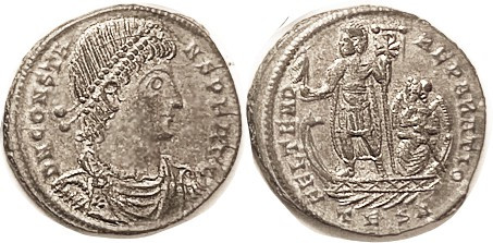 CONSTANS , Æ Cent, FEL TEMP REPARATIO, Ruler hldg labarum & Phoenix on galley st...