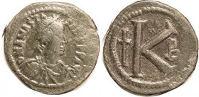 ANASTASIUS I, Half Follis, S25, Offic.B; Choice F-VF/VF, centered on large flan, glossy smooth greenish patina. (A VF with cleaning scrs sold for $403...
