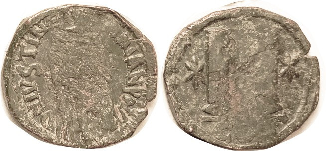 JUSTIN & JUSTINIAN , Follis, S-125 variety , M betw stars, unlisted; call this V...