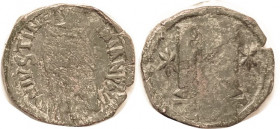 JUSTIN & JUSTINIAN , Follis, S-125 variety , M betw stars, unlisted; call this VG, better in parts but crude & flan flaws, portrait appears deliberate...