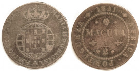 ANGOLA , Æ 1/2 Macuta 1851, 37 mm, crowned arms/lgnds; VG, a few weak letters, no corrosion, decent.