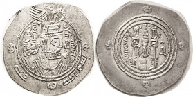 ARAB-Sasanian , Ar Drachm (33 mm), Sasanian types, Talha bin 'AbdAllah, 698-699 AD, Sijistan mint, Date 79, "rabbi & bismillah" in margin, Alb. 37. Ch...