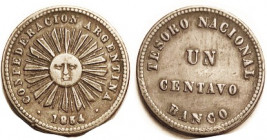 ARGENTINA , Centavo, 1854, VF, well struck & sharp, nice. (KM $25 )