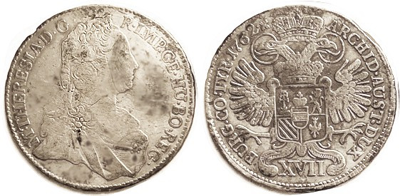 AUSTRIA , Tyrol, Ar 17 Kreuzer, 1762, Hall, Maria Theresa bust r/2-headed eagle;...