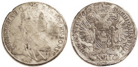 AUSTRIA , Tyrol, Ar 17 Kreuzer, 1762, Hall, Maria Theresa bust r/2-headed eagle; 28 mm; F/F-VF, some very lt obv scrs; toned & decent.
