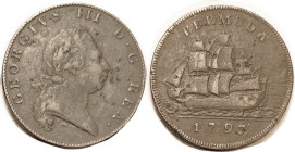 BERMUDA, Penny, 1793, Geo III bust/Sailing ship, 30 mm, F+, matte grey-brown surfaces with scattered small porosity spots. (In my 6/21 sale a "misty" ...