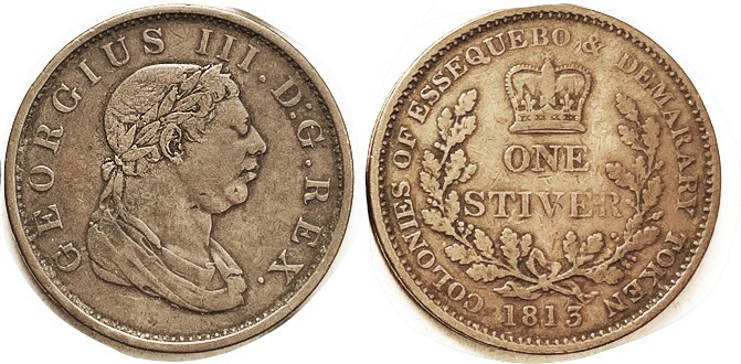 BRITISH GUIANA , Essequibo, Stiver, 1813, George III bust, 34 mm, F-VF, good bro...