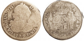 CHILE , 2 Reales, 1791 with CAROLVS IIII, scarcer, AG/Fair, no faults apart from smooth wear, ltly toned, date bold.
