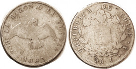 CHILE , 50 Centavos, 1862/52, Spread wing Condor, rare date, VG+, ltly toned, part of the reeding recut.