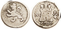 COLOMBIA , 1/4 Real, 1799, Castle/lion, decent VG+, fully clear, good metal.