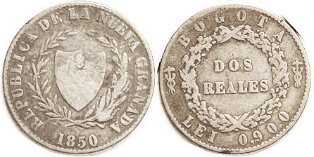 COLOMBIA , 2 Reales, 1850 Bog, VG/F, teensiest rim nick, well struck, good metal...