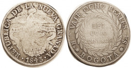 COLOMBIA , 8 Reales 1843 RS, wkness in obv ctr, otherwise well struck F/AF, good unflawed planchet, ltly toned.