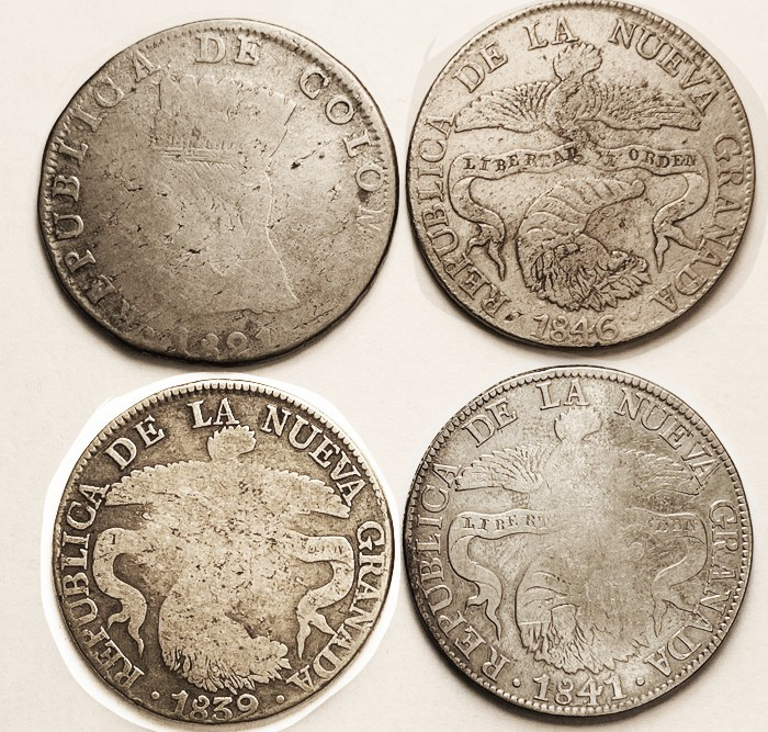 COLOMBIA , 8 Reales, LOT of 4, 1821 (Cundinamarca), 1839, 1841, 1846, first 3 ar...