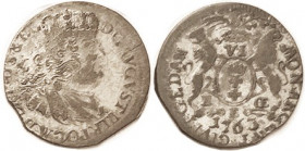 DANZIG , Ar 6 Groschen 1763, Friedrich August bust r/lions etc, 23 mm, F or better, sl off-ctr, 2 sm edge clips, 2-toned metal, good detail on bust. (...