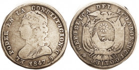 ECUADOR , 2 Reales, 1847, Bust l./Arms, 26+ mm, Nice VG+, good metal with lt tone. (An NGC F brought $106, Stacks 6/19.)