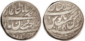INDIA , Mughals, Rupee, Muhammad Shah, 1719-48, Shahjahanabad mint, 1158/28; AVF, ltly toned, nice.