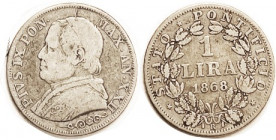ITALY , Papal States, Ar Lira, 1868-R-XXII, Pius IX bust l/wreath & lgnds; AF toned.