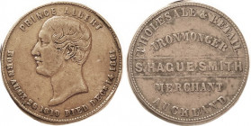 NEW ZEALAND , Token Penny, S. Hague Smith, Ironmonger, 1862-69, 35 mm, Prince Albert bust/lgnds, F-VF, nice. (KM F cat $100).