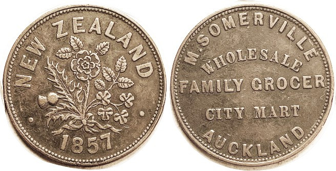 NEW ZEALAND , Token Penny, 1857, Somerville, Family Grocer, 35 mm, Flower bunch/...