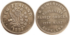 NEW ZEALAND , Token Penny, 1857, Somerville, Family Grocer, 35 mm, Flower bunch/lgnds, VF+, very bold & nice (VF cat $220).
