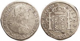 PERU , 2 Reales 1806, F (KM $35), very sl obv haymarking; some detail on bust.