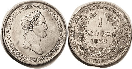 POLAND , Zloty 1832, Czar Alexander bust r/Lgnds & wreath, Choice AU, lustrous w...