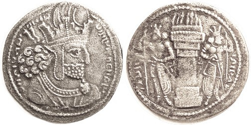 SASANIAN , Shapur I, 241-72, Ar Drachm, 26 mm, Crowned bust r/fire altar & atten...