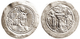 SASANIAN, Yazdgard I, 399-420, Drachm, 30 mm, Mint state, bright lustrous silver, typically crude but actually less so than usual; portrait quite reas...