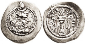 SASANIAN , Peroz I, 457-84, Ar Drachm, scarcer first type crown without wings, Sellw. type 48; AW (Ahwaz) Mint; EF, some usual crudeness but good for ...