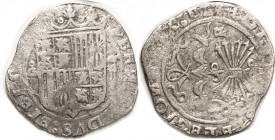 SPAIN , Ferdinand & Isabella, 1474-1504, 2 Reales, Granada, Shield/Yoke & Arrow bundle; unround 30 mm flan, F, crude, some wkness, minimally grainy. (...