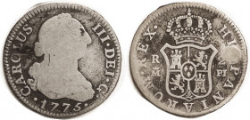 SPAIN , 2 Reales 1775 Madrid, Bust/shield, VG, a hit at obv left bulges on rev; not horrible.