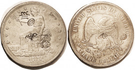USA, Trade Dollar, 1874-CC, scarce date (VF bid $400), AEF, 4 Chinese chopmarks on obv, 2 on rev, slightly warping the coin; yellowy tone.