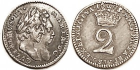 William & Mary, 2 Pence, 1693/2, Choice VF beauty, well struck with strong detailed portraits; great metal with reflective surfaces & iridescent tone.
