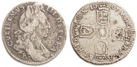 William III, 6 Pence, 1697-E, S3530, VG-F, very sl flan flaws, toned. Very scarce Exeter mint issue.