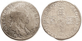 William III, Shilling, 1697-B, 3rd bust, ESC 1103 = Rare; F/AVF, ltly toned, strong portrait. Bristol mint. Spink F £125. (A GF with lt haymarking, 1s...