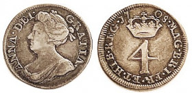 Anne, Maundy 4 Pence 1708, Nice F-VF, well struck, good metal with pleasant accentuating tone.
