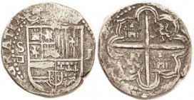 Philip II, 1556-98, Ar Real, Seville, Shield/cross w/lions & castles, 21+ mm, somewhat clipped, AVF, good metal with lt tone, strong features. In Dana...